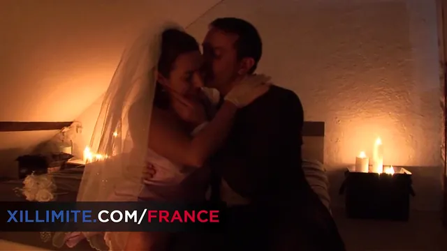 A busty brunette bride blows and rides on the first night