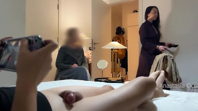 His wife and her stepmom dress for dinner while he lounges and flashes his cock