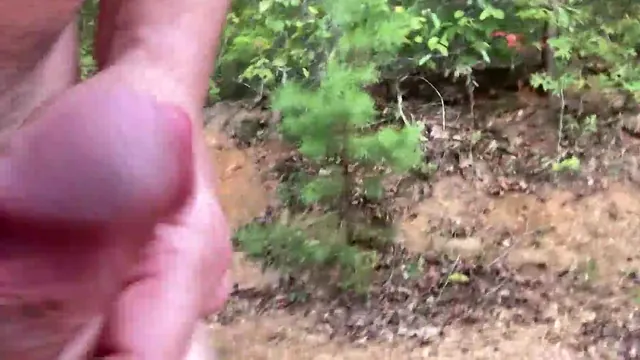 Naked solo flashing outdoors in a park and forest