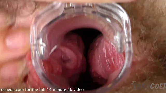 Redhead teen with tattoos and a hairy pussy, speculum and cervix close up