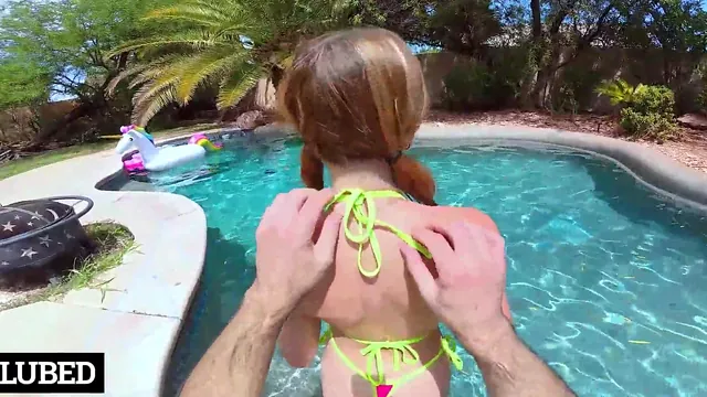 Outdoors by the Pool, Redhead Myra Moans Rides Hard and Gets Dripping Wet