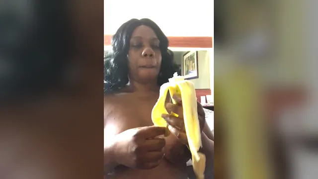 Ebony MILF practices deepthroat and gagging on a banana