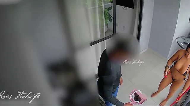 Cuckold husband calls a barber and his wife greets him in a sheer bikini