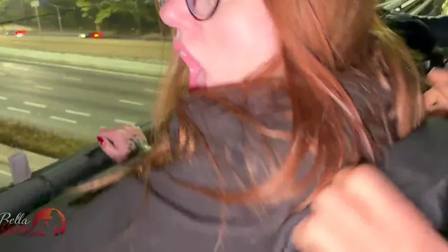 Redhead wife has sex with three men on a bridge while the husband films