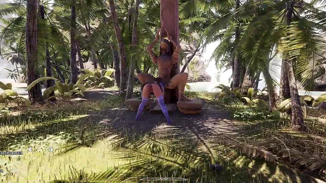 A giant stone cock on a statue pounds Lara Croft in both pussy and ass