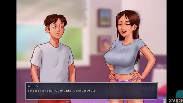 Summertime Saga part 23, a busty brunette lies naked in bed and waits
