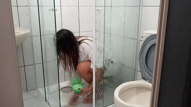 Sarah Rosa Cleans the Bathroom and Gets Wet in the Shower