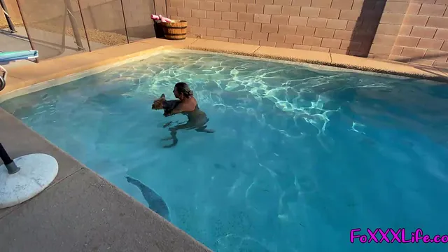 Blowjob by the pool in POV with a blonde amateur babe