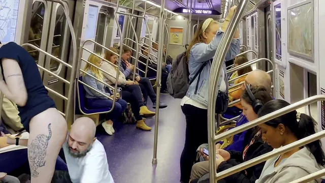 Her panties come off on a train and he finishes on her ass