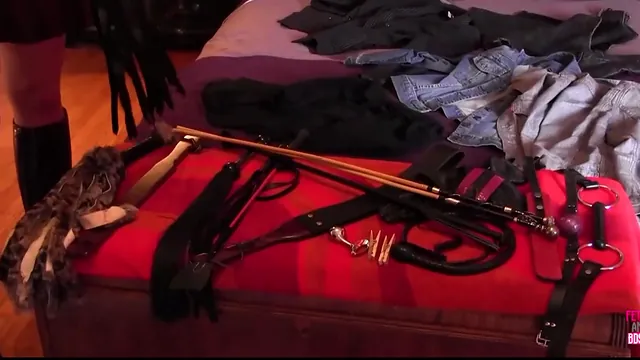 Skinny brunette serves her dominant mistress in latex with toys and fingers