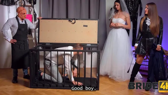 A bride in a wedding dress gets fully absorbed in a blowjob
